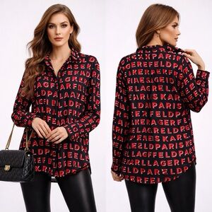 Karl Lagerfeld Paris NWT Logo Print Blouse Red Black Button Front Sizes  S & L